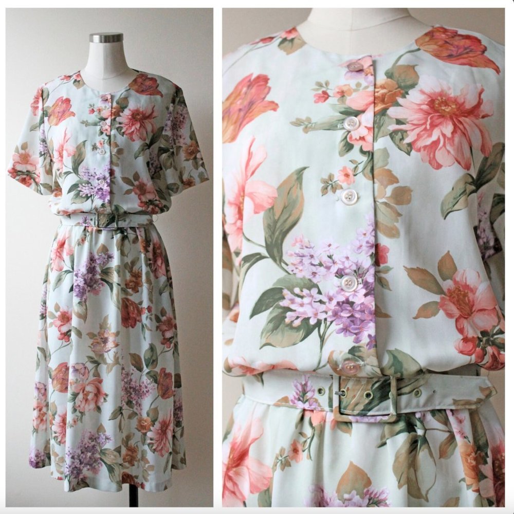 1980s Vintage Light Mint Green Peach Purple Gold Floral Print Belted Short Dress